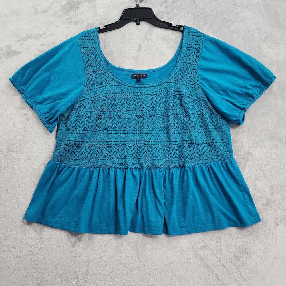 Lane Bryant Top Womens 22/24 Blue Crochet Peplum Puff Sleeve Tunic Tee Summer‎